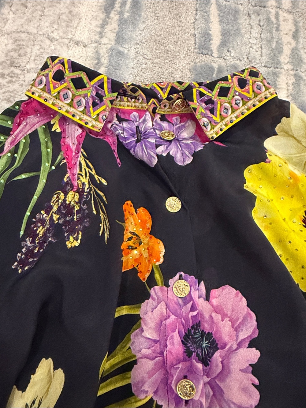 Camilla blue Floral Button-Up Blouse with Yellow, Pink & Purple Accents - Picture 3 of 7
